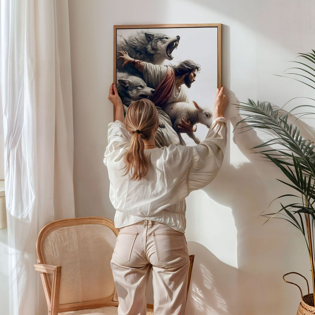 Jesus Protecting Lamb - Canvas