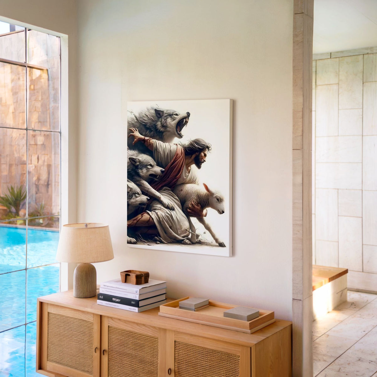 Jesus Protecting Lamb - Canvas